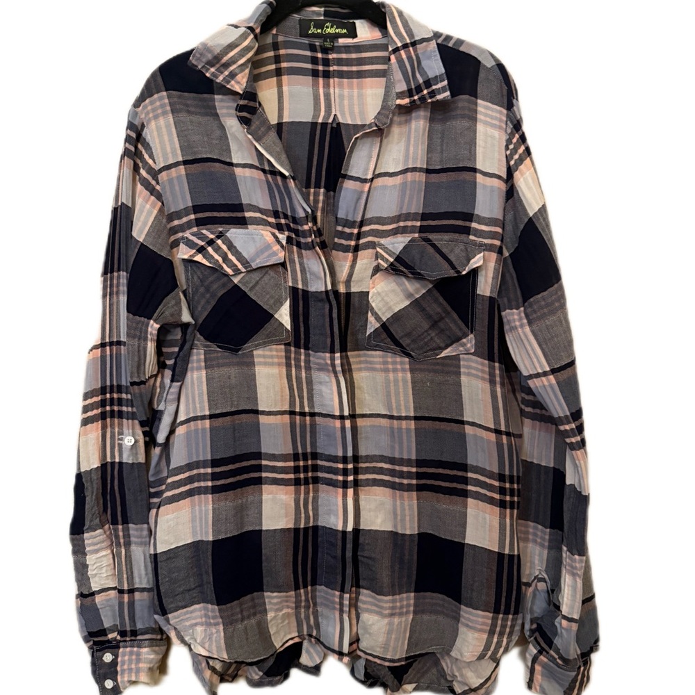 Sam Edelman Navy, Pink & Gray Plaid Button-Down Shirt